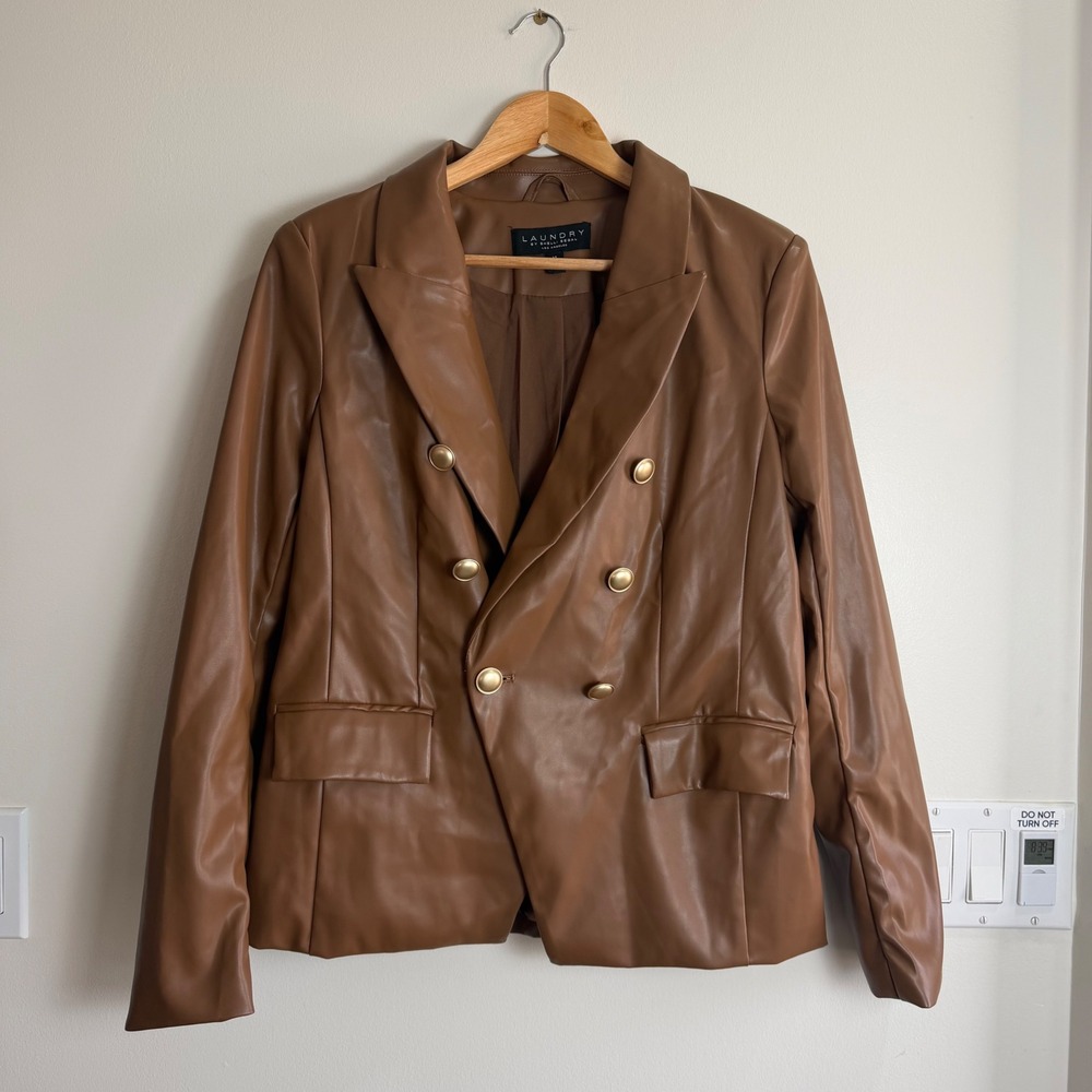 Laundry Shelli Segal Faux Leather Blazer Brown Womens Medium Gold Button